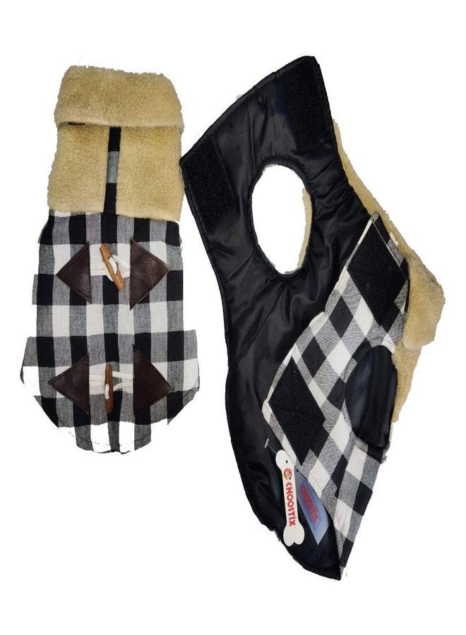 CHOOSTIX Brit Checkmate, Dog and Cat Jacket, Winter Wear, Fur Collar, Fur Yoke with Wooden Button, Black & White Designer Checks, 2XL, 300g, Large, 300 g - Image 2
